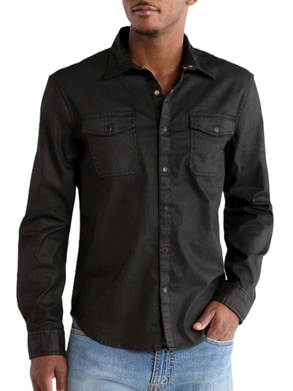 John Varvatos Collection Mens Black Coated Leather-Look Western Shirt NWT $248